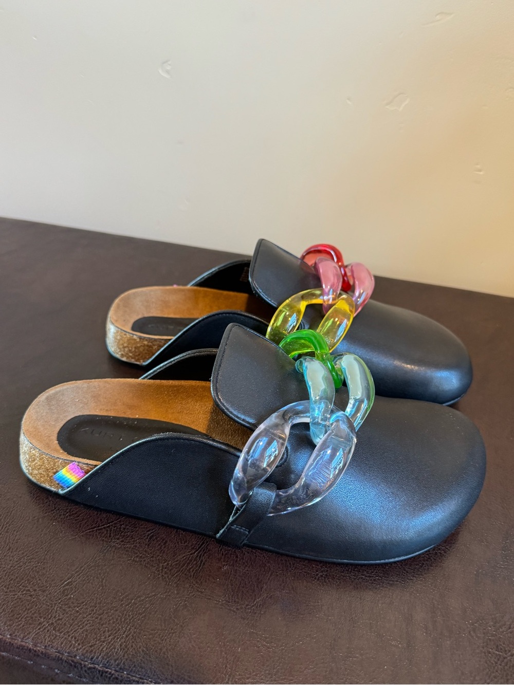Kurt Geiger London Ozark Chain Mules – Black Leather / Rainbow Chain – Size 38